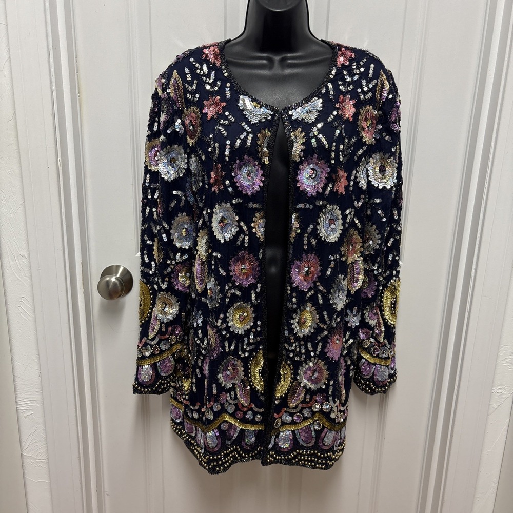 Vintage 80s Silk Floral Sequined Beaded Joseph Le Bon Navy Tunic Jacket Top XL‎
